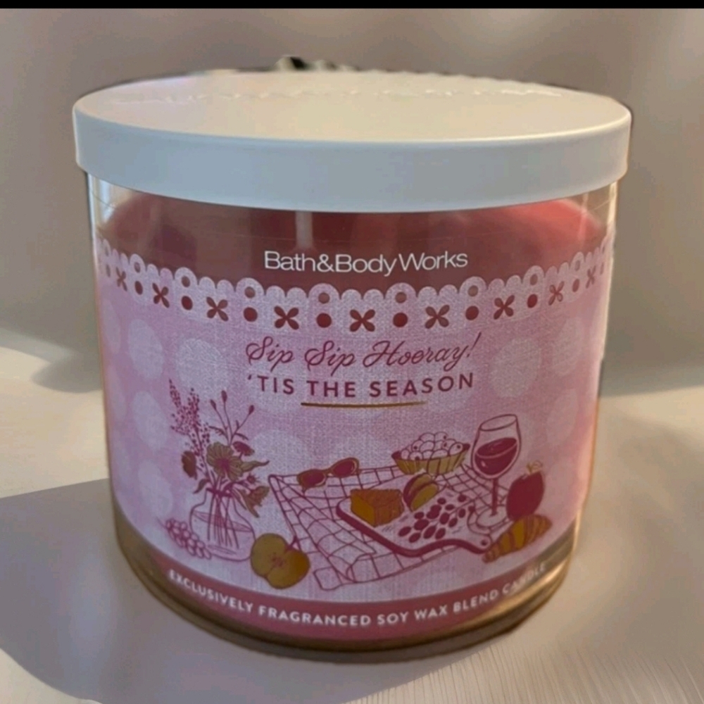 Bath & Body Works Pink 'Sip Sip Hooray! 'Tis The Season' 3 WickDecorative Candle
